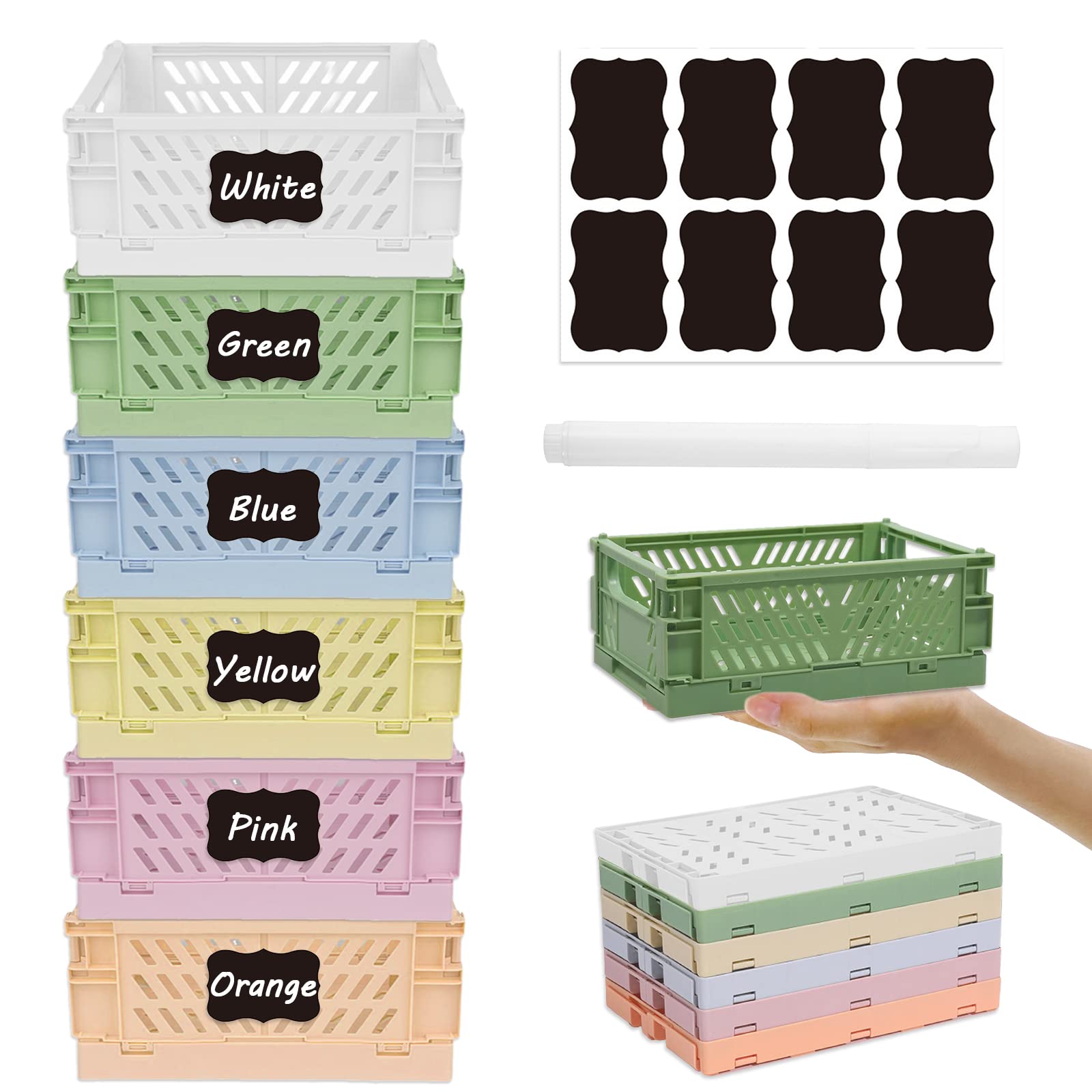 Ruucy 6 Pcs Collapsible Storage Crates, Mini Plastic Crates 15x9.8x5.7cm, Stackable Storage Baskets with White Marker + Stickers, Small Pastel Crate Desktop Storage Box for Office Kitchen Bathroom