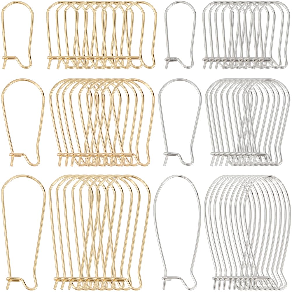 SOFPLATE 1 Box 120Pcs 6 Style Silver Kidney Earring Hooks Stainless Steel Earring Findings Bulk U Shaped Real 18K Gold Plated Ear Wires Long Teardrop Dangle Earring Wires for jewellery Making Supplies