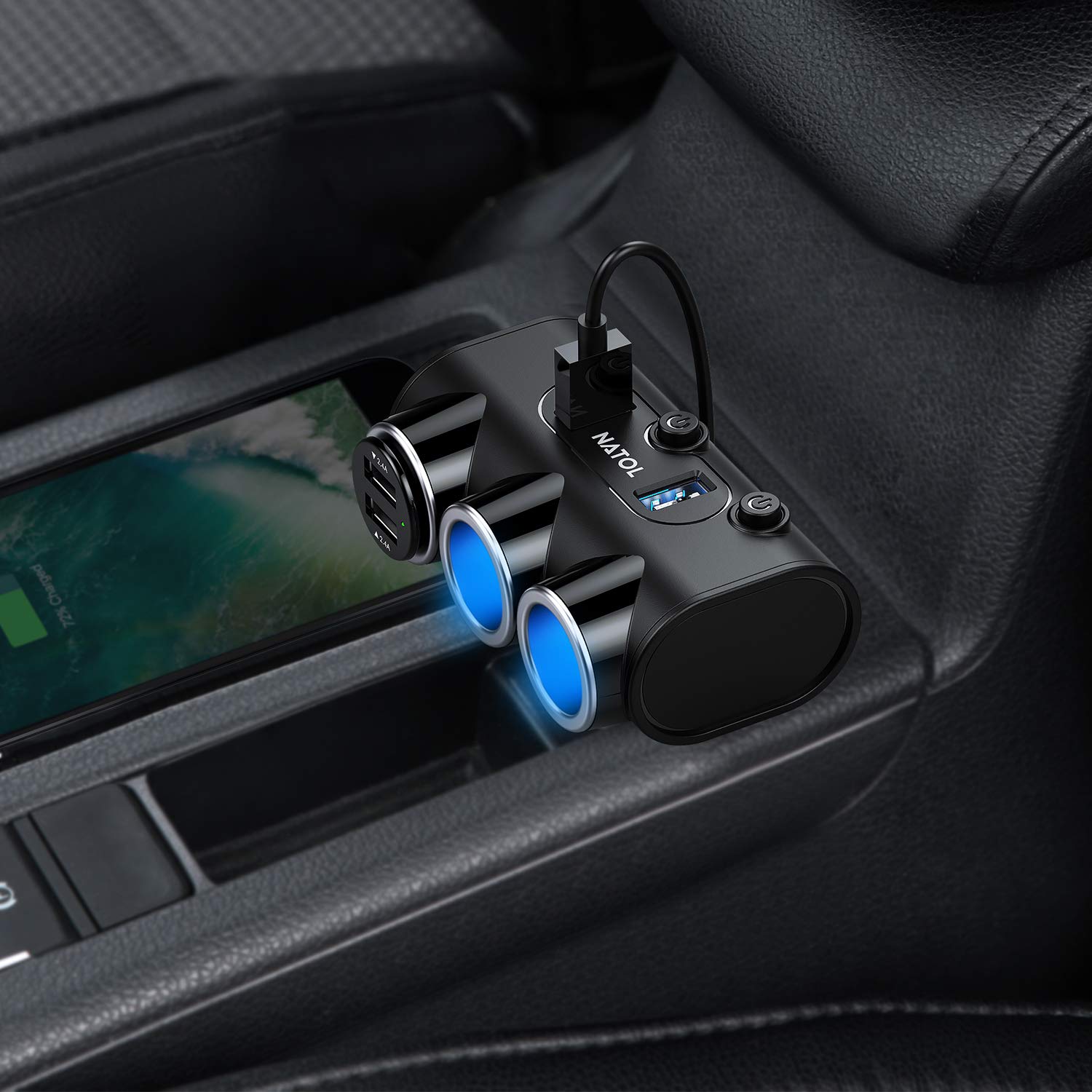 NATOL Cigarette Lighter Adapter, 12V/24V 3-Socket Car Charger Cigarette Lighter Splitter with 2 Smart USB Ports for iPhone, iPad, Samsung, GPS, Dashcam