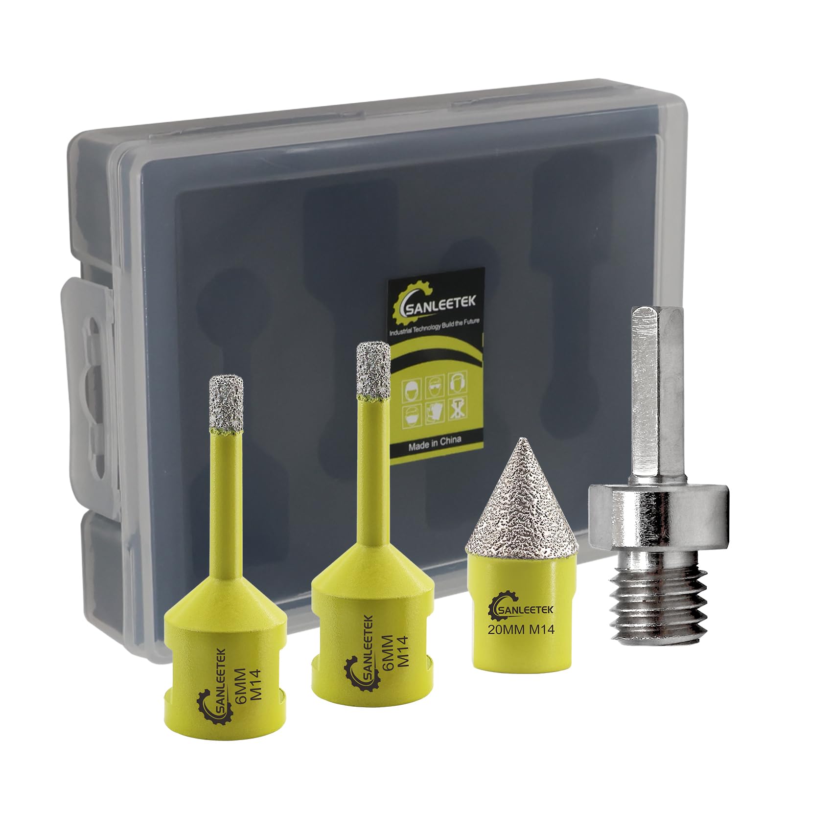 Diamond Core Drill Bits Set - 4pcs 6/6mm Diamond Hole Saw+1pc 20mm Beveling Chamfer Bit+1pc Hex Adapter SANLEETEK for Porcelain Ceramic Tile Marble Granite Artificial Stone M14 Thread