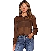 Allegra K Sheer Button Up Blouse for Women's See Through Mesh Long Sleeve Shirt Tops