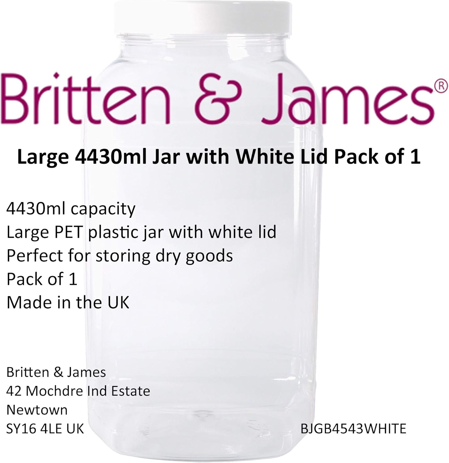 Britten & James Large empty plastic sweet shop style jar with white screw top lid 4430ML Food grade PET plastic - Image 4