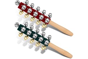 YWMIGL 2 Pcs Christmas Hand Jingle Bells Wooden Handhold Sleigh Bells Jingle Bells Stick Shaker Musical Percussion Instrument for Christmas Party Favors Birthday Gifts Children Toys (Red and Green)