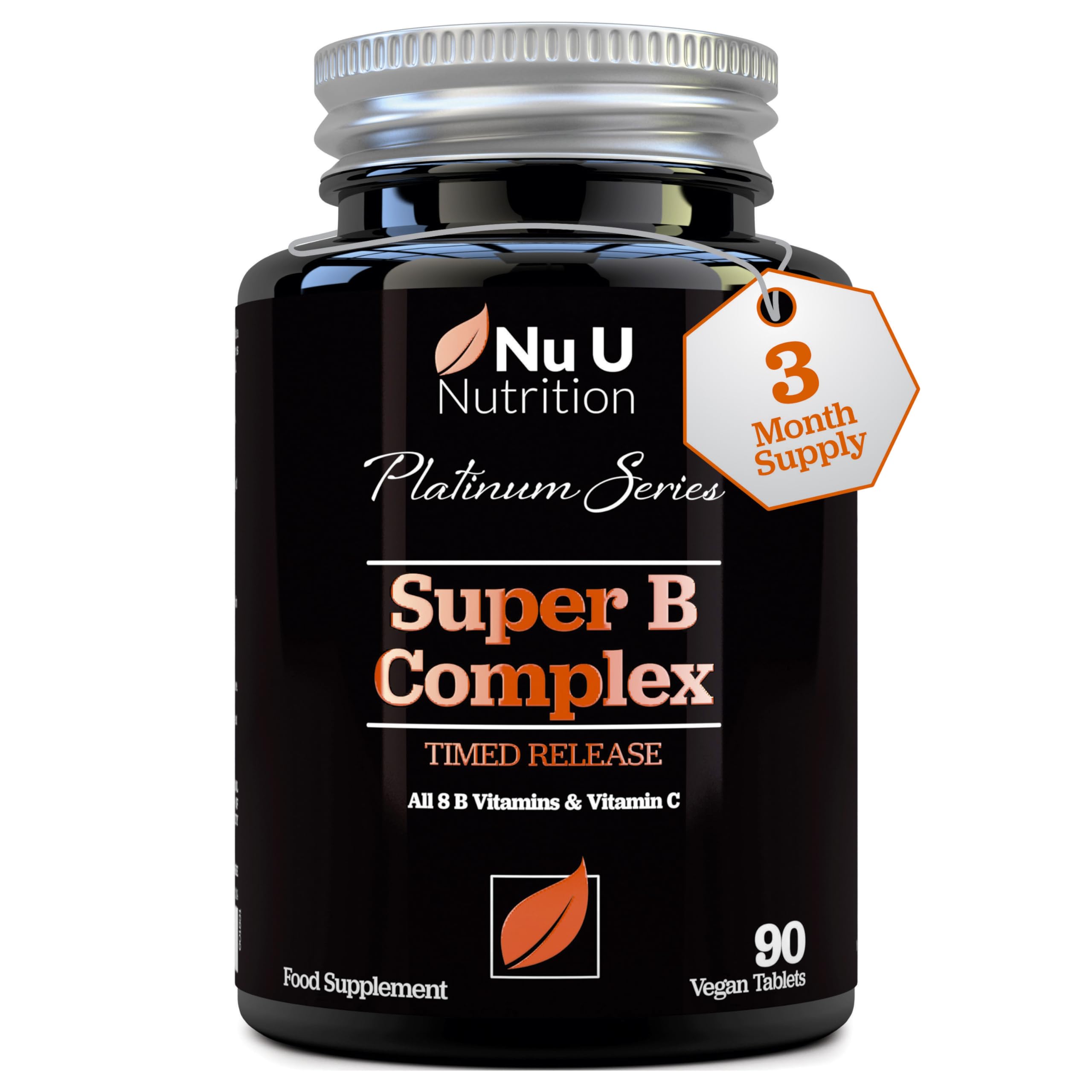 Super Vitamin B Complex - High Absorption Methylated B Vitamins with VIT C - 90 Timed Release Vegan Tablets - 3 Month Supply - B1, B2, B3, B5, B6, B8, B9 & B12 - Made in the UK - Nu U Nutrition