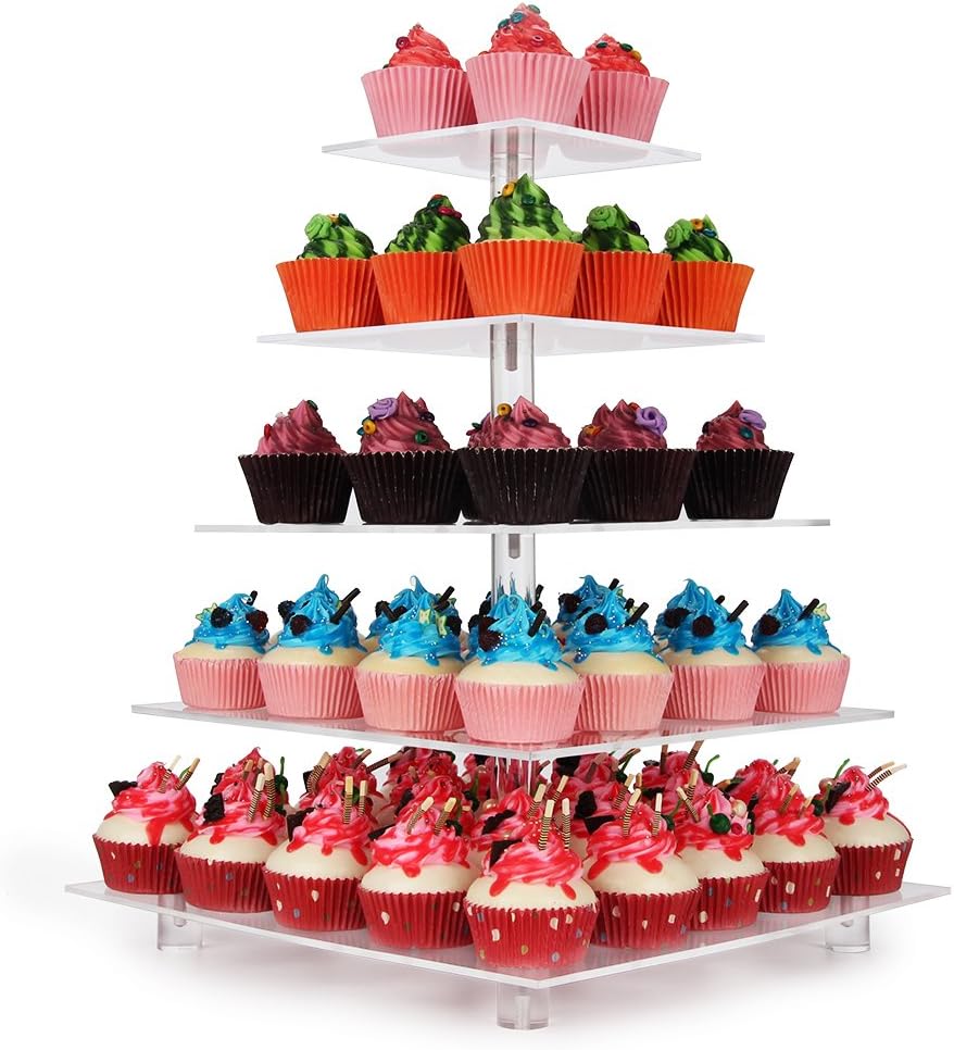 NeoBee 5-Tier Acrylic cake stand with BASE Tall Version,cake stands,cupcake stands,cupcake display. (5 Tier Square)