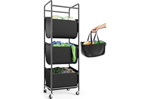 Moforoco Vertical Laundry Sorter 3 Section with Removable Bag, Laundry Hamper with Wheels, 120 L Rolling Laundry Baskets organizer for Bathroom, Apartment, Dorm Room, Black