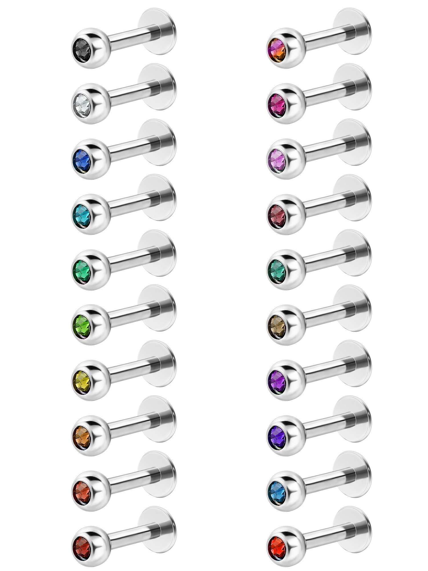 BBTO 20 Pieces Stainless Steel Lip Labret Cubic Zirconia Nose Stud Barbell Body Piercing, 16 Gauge, Assorted Colors