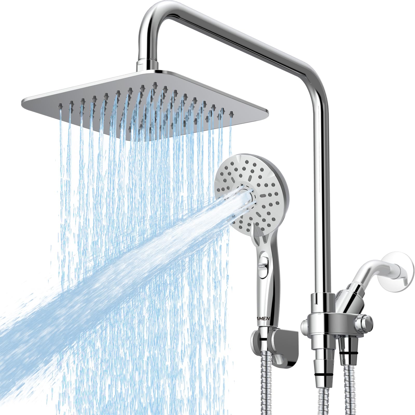 Photo 1 of Ryamen 8" Dual Shower Head Combo, Rainfall Shower Head with Handheld, 6 Spray Settings Angle Adjustable Handheld Shower Head with Pause, Height Adjustable, Chrome Silver