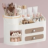 UFORU Makeup Organizer with Rotating Brush Holder, Bathroom Countertop Organizer with 2 Drawers, Easy to Store Hair Brush, Lipsticks, Perfumes, Skincare, Beige