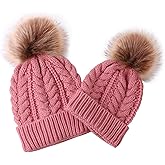 2PCS Parent-Child Knit Hat Family Matching Winter Warmer Hat Mother & Baby Crochet Beanie Ski Cap with Pom