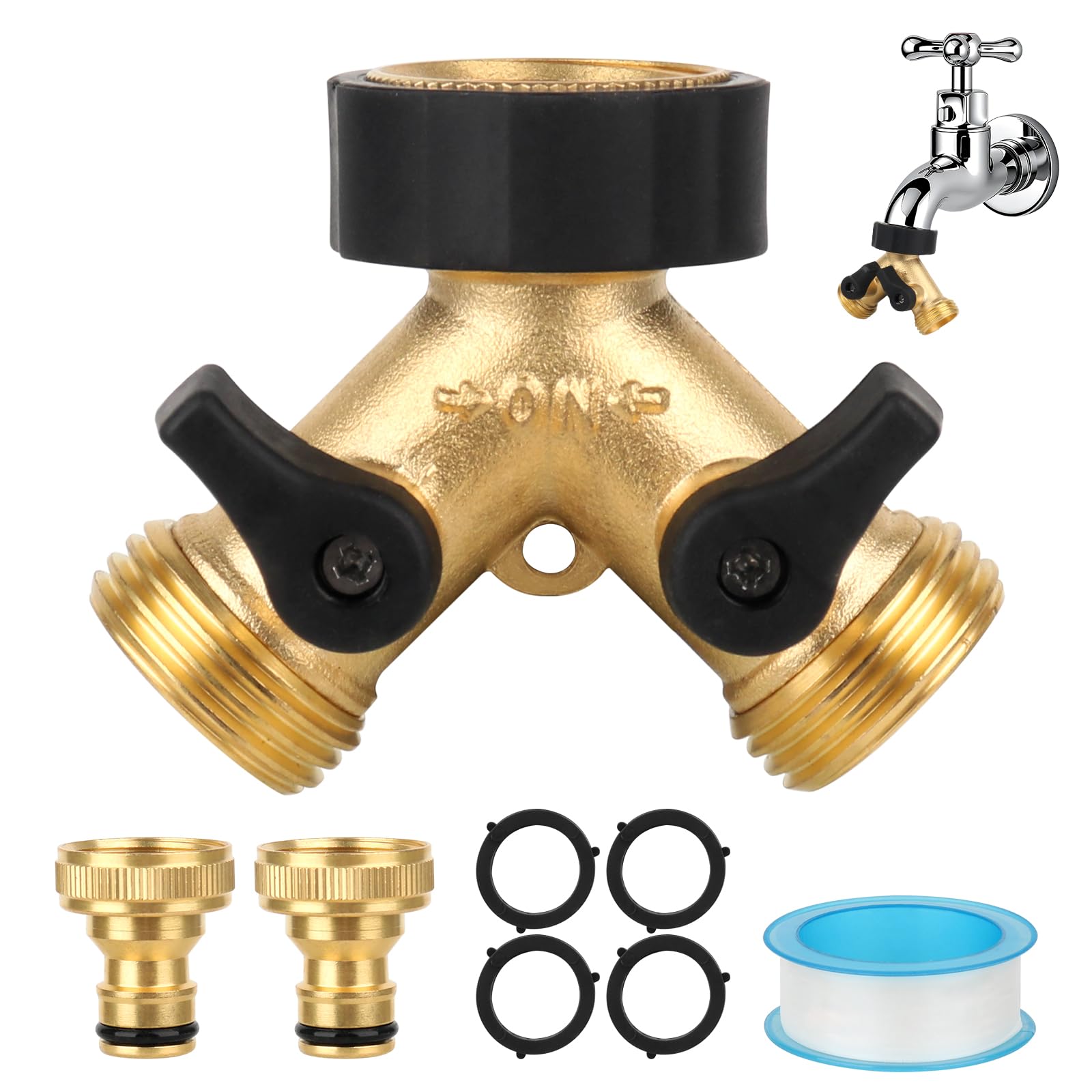 LYPPUL 2 Way Garden Hose Splitter, Double Way 3/4" Hose Connector, Y Valve 2-Way Tap Connector with Individual On/Off and Two Quick Connector, Brass Hose Connector