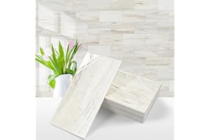 Vamos Tile 100-Piece Glossy Wooden White Peel and Stick Backsplash Tile,3''x6'' PVC Subway Tile with White Grout, Stick on Ba