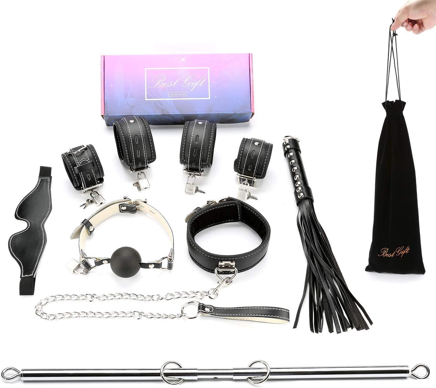 Sovyime Silver Expandable Spreader Bar with 22pcs Lichi Black Adjustable Straps Home Indoor Training Fitness Tools Sports Toys