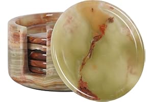 RADICALN Marble Coasters Set of 6 Green Onyx 3.5 Inch Round Coaster for Drinks with Holder, Drink Coaster for Tabletop & Coffee Table Decor, Ideal Home Decor House Warming Gifts