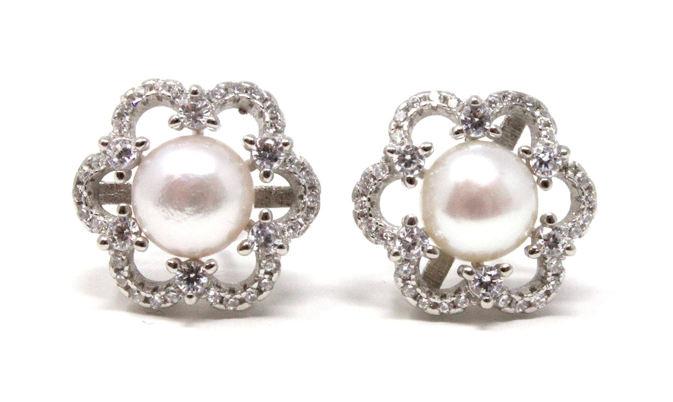 Sterling Silver Cubic Zirconia 7-7.5mm White Freshwater Cultured Pearl Flower Stud Earring Pair