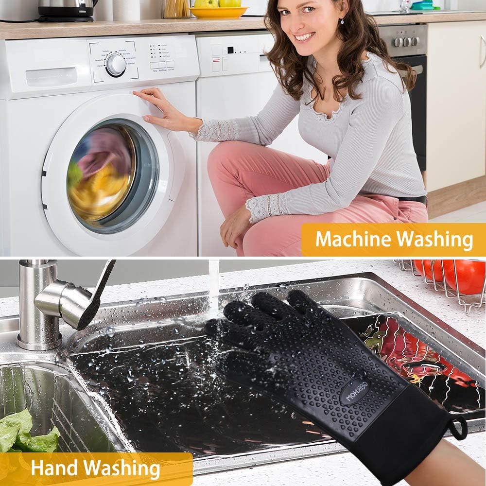 GEEKHOM Grilling Gloves, Heat Resistant Gloves BBQ Kitchen Silicone Oven Mitts, Long Waterproof Non-Slip Potholder for Barbecue, Cooking, Baking (Black) : Garden & Outdoor