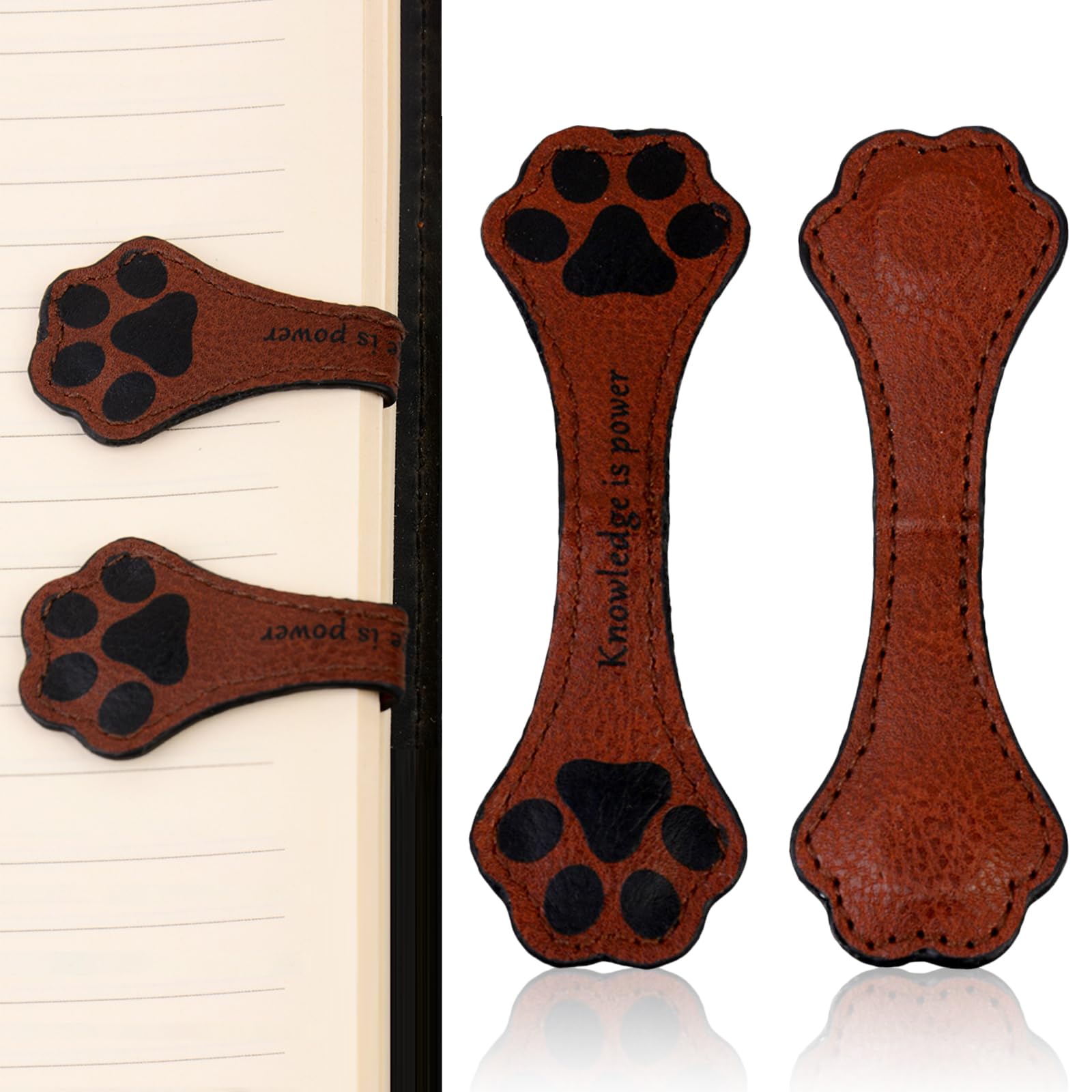 Gsrhzd Magnetic Leather Bookmarks, 2 Pcs Retro Leather PU Magnet Bookmark Book Page Holder, Personalised Paw Magnetic Bookmarks Cute Reading Accessories for Women （Brown）