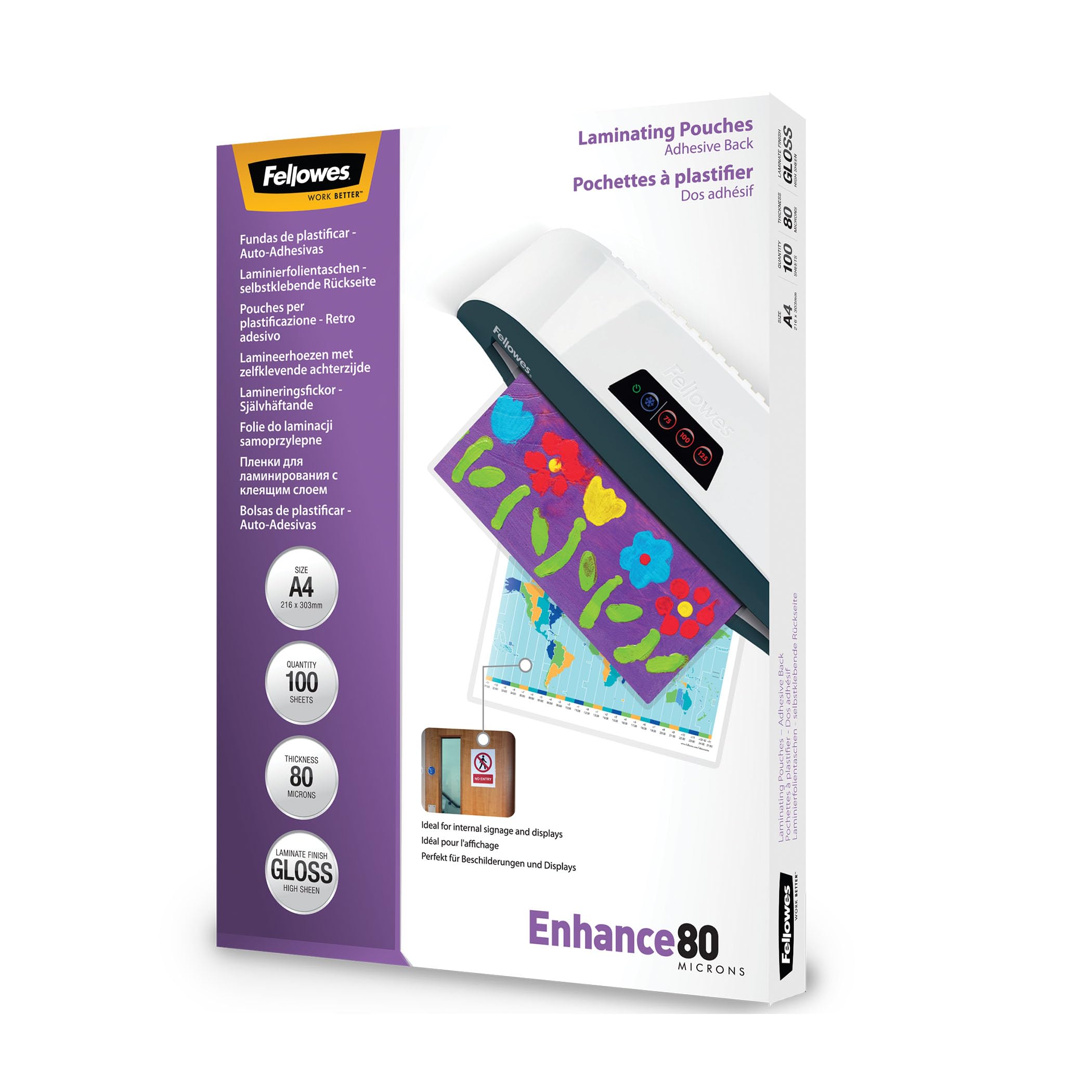 Fellowes A4 Laminating Pouches, Gloss, 160 Micron (2 x 80 Micron) Self adhesive - Pack of 100