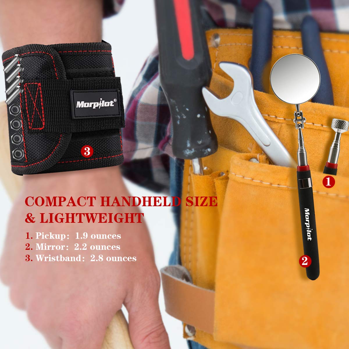 Morpilot Set di Telescopico Ispezione Regolabile di 360 Gradi, Pick-up Telescopico Magnetico e Polsino Magnetico con 15 Magneti Forti per Viti Regalo per Il Fai da Te Strumento Tuttofare