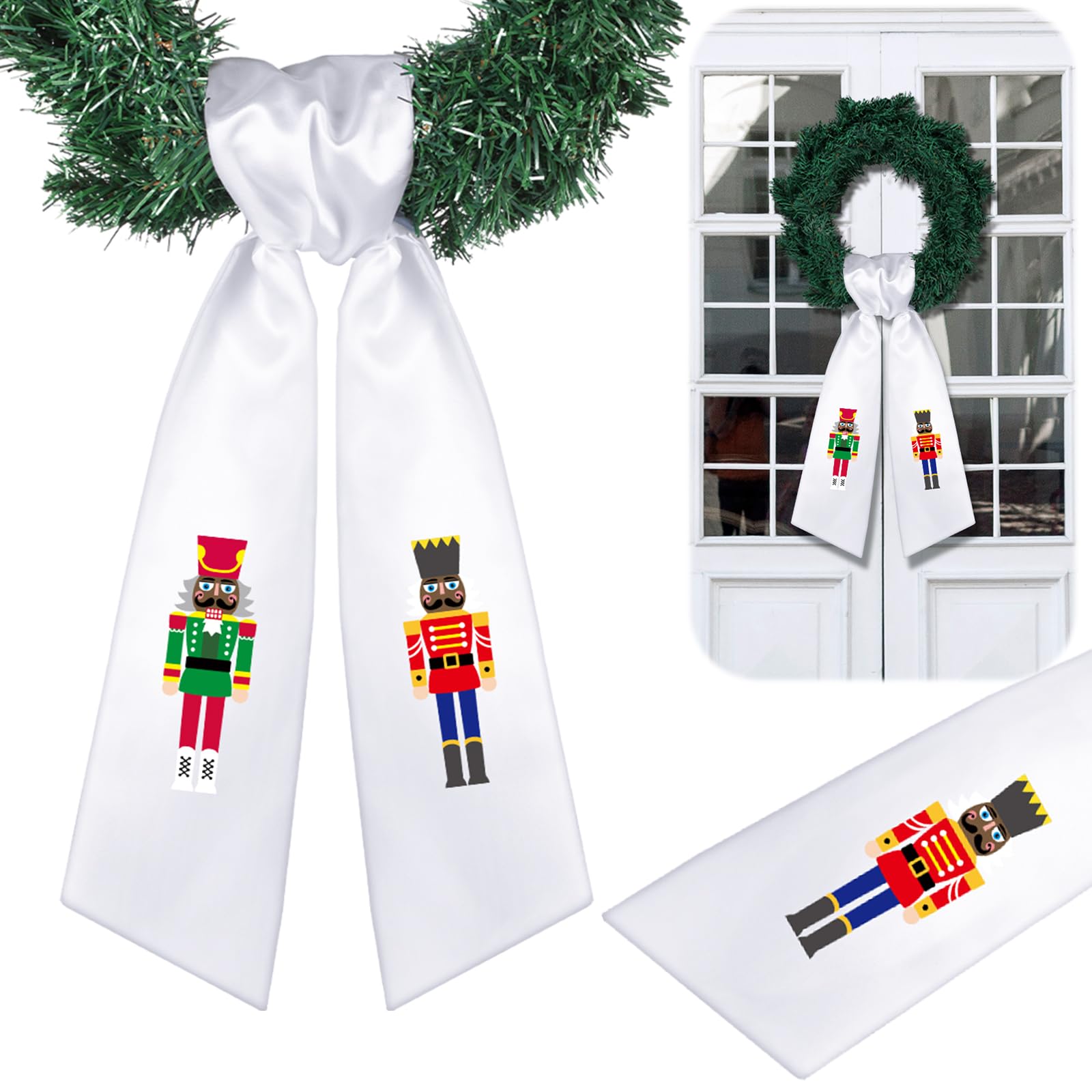 CraftyDream Wreath Sash for Front Door Wreath Satin Sash Blank Sashes Embroidery Monogram Yard Doorway Indoor Outdoor Wall Ribbon Bow Home Decor(White,African American Nutcracker)