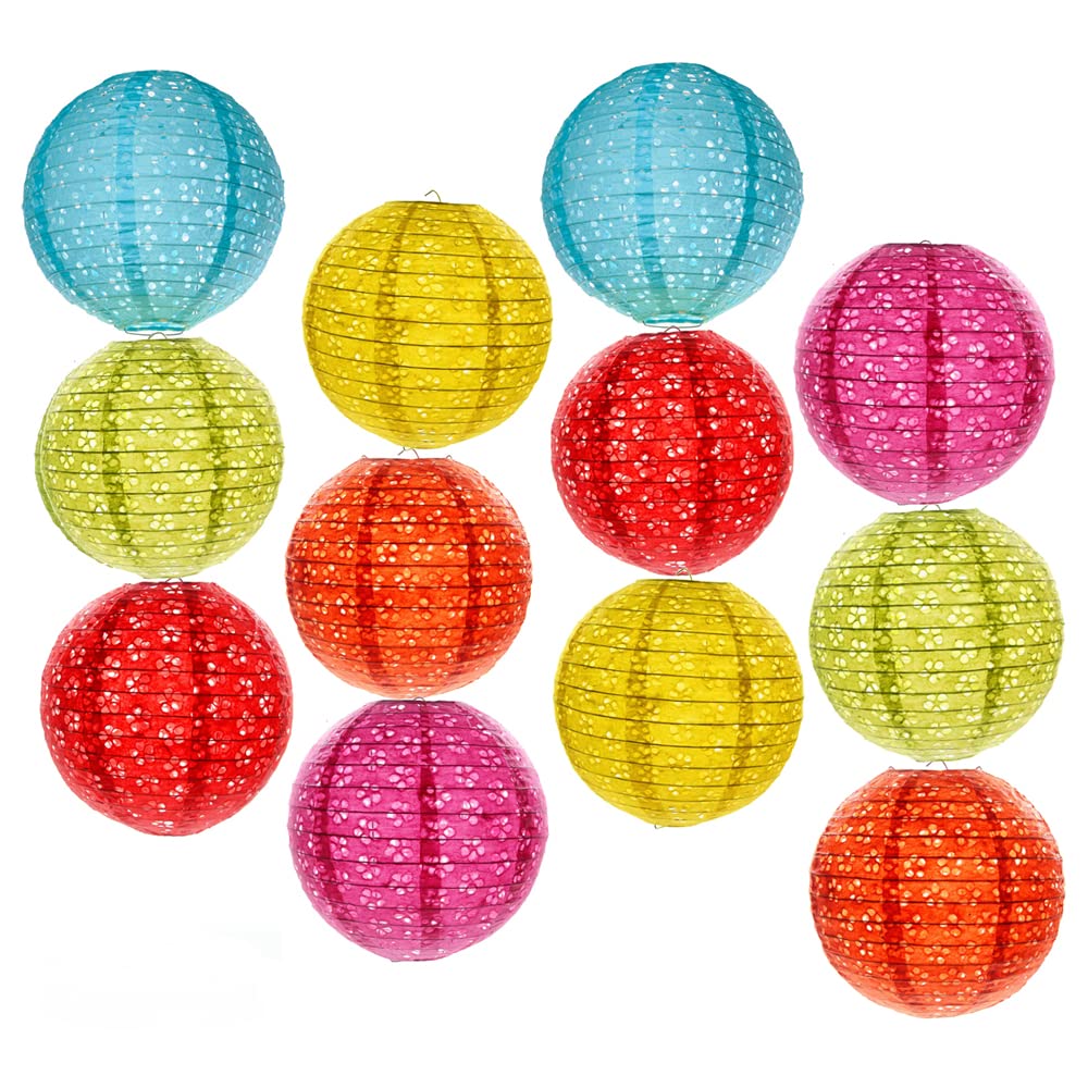 Photo 1 of 12PCS Hollow Paper Lanterns Chinese Japanese Hanging Decorative Paper Lanterns for Birthday Halloween Wedding Baby Shower Home Decor Party Decoration (Round (Without LED, Tassel and Stick))