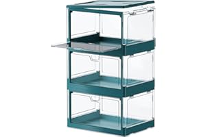 PRANDOM Stackable Clear Storage Bins with Lids,70 Qt Plastic Collapsible Organizer Containers Boxes with Doors for Organizing Closet Bathroom Bedroom Green 15x11.2x8.7 x 3-Pack