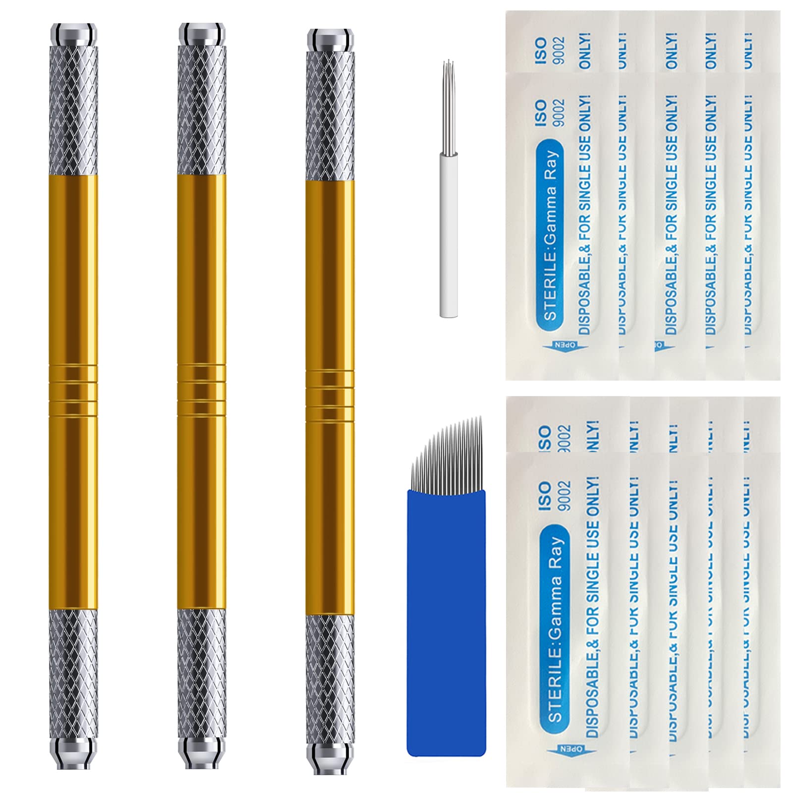 Microblading Pens 3 Piece Golden Dual Purpose Light Manual Tattoo Eyebrow Pens For Permanent Makeup Supplies Durable Aluminum Pen With Lock-Pin Tech+20Pcs Disposable Eyebrow Microblading Needles