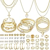 IFNODO 57pcs Gold Jewelry Set With 3 PCS Necklace, 12 PCS Bracelet,20pcs Hoop Stud Earrings,22pcs rings set For Women For Birthday Gifts