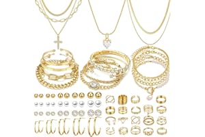 IFNODO 57pcs Gold Jewelry Set With 3 PCS Necklace, 12 PCS Bracelet,20pcs Hoop Stud Earrings,22pcs rings set For Women For Birthday Gifts