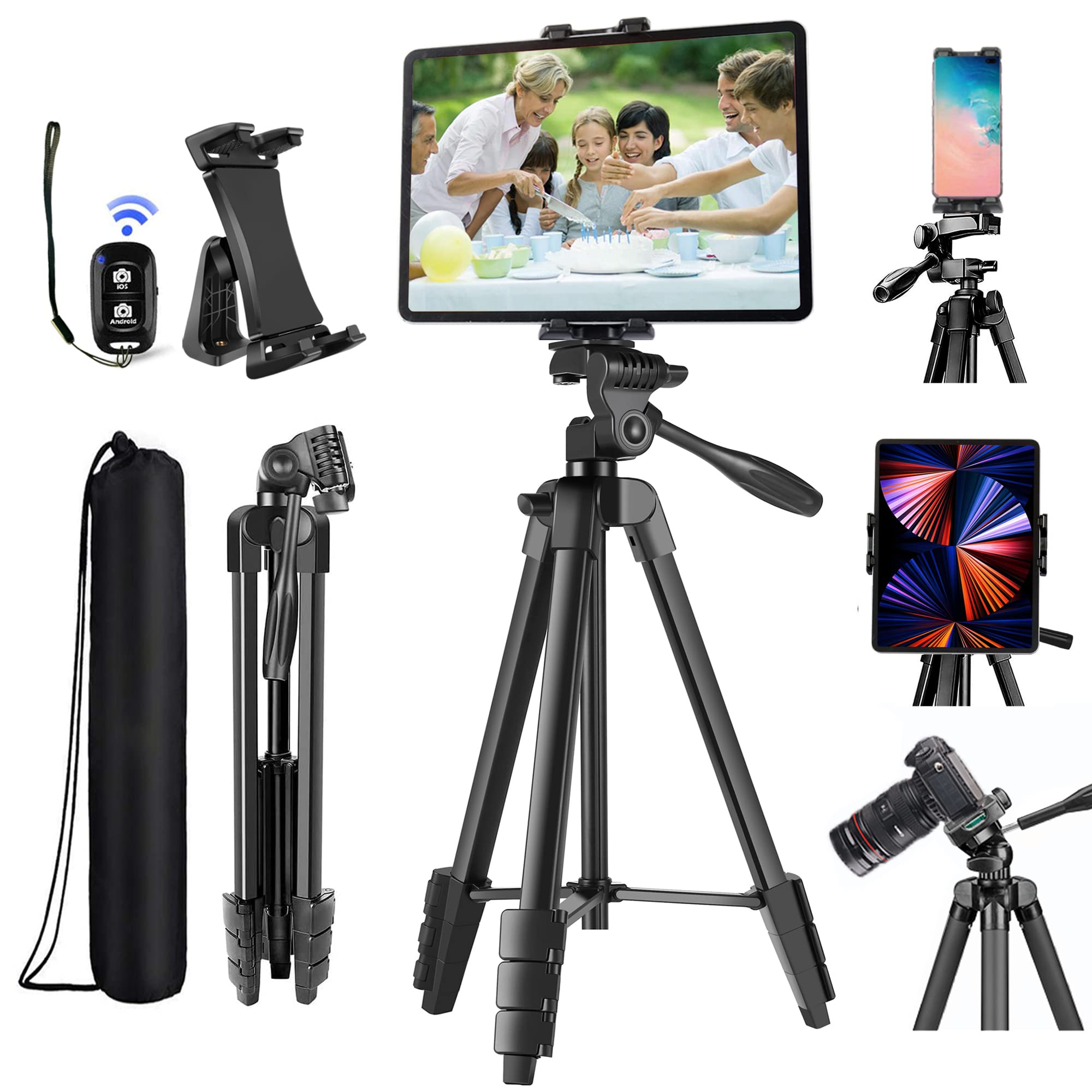 Tablet Tripod Stand Holder 60 in with Remote Shutter for iPad Pro Air Mini 12.9 11 10.5 Surface Galaxy Tab, iPhone, 3.5 to 13.5in Phones Tablets, Video Recording, Camera