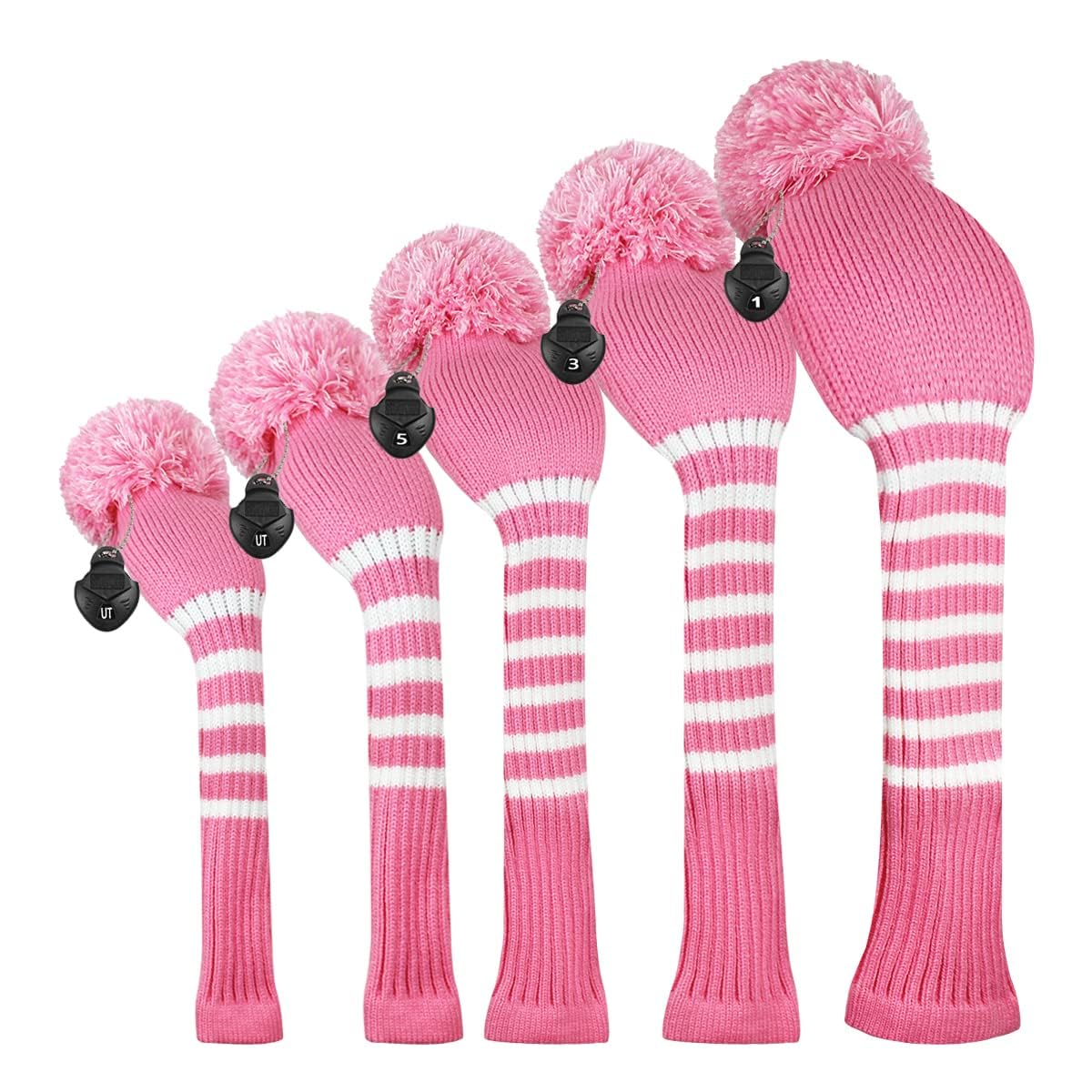Scott Edward Dark Color Yarn Knitted Golf Club Head Covers Set of 5, Fit for Driver Wood(460cc) 1, Fairway Wood2,and Hybrid(UT) 2, (Pink&White Stripes)