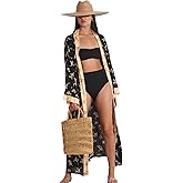Gottex Beach Life Diamond Black Floral Border Print Kimono Swimsuit Cover Up for Women Perfect Poolside Accessory