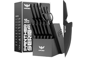 Knife Set - Haugo 15 PCS Kitchen Knife Set with Built in Sharpener - Dishwasher Safe Kitchen Knives - High Carbon Stainless S