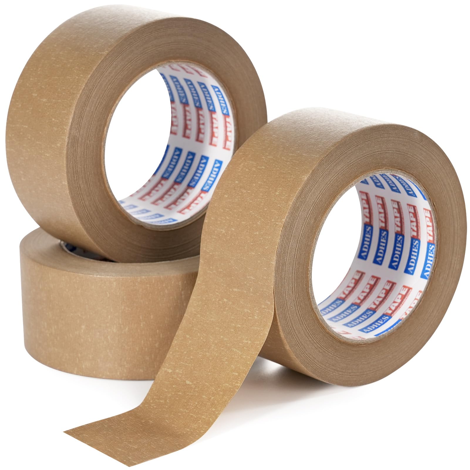 ADHES Biodegradable Kraft Paper Tape Eco Friendly Packing Tape Writable Non-Coated Surface for Masking, Sealing, and Packaging Use,5cm x 52m,3Rolls