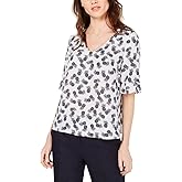Nine West Womens Half Ruffle Bell Sleeve V Neck Printed Blouse