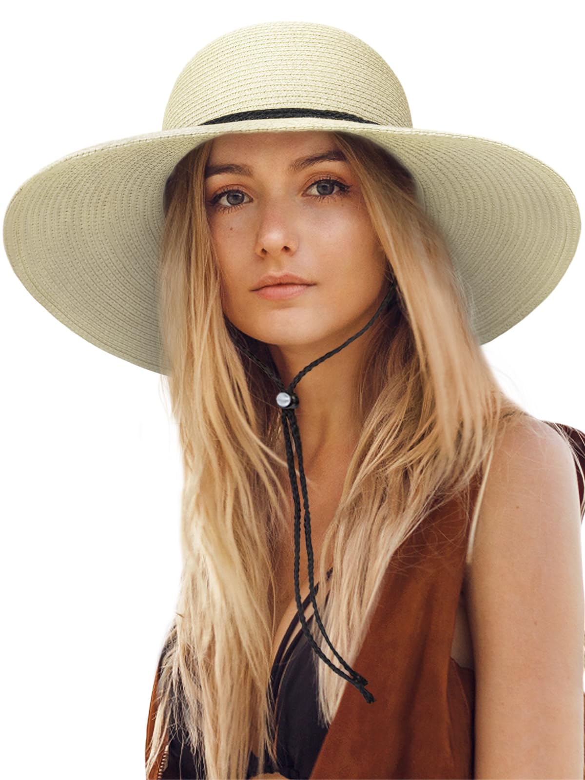 Photo 1 of Senker Fashion Sun Hats for Women, Wind Lanyard Wide Brim Straw Hat for Summer Beach Garden Vacation Foldable UPF 50+ Beige