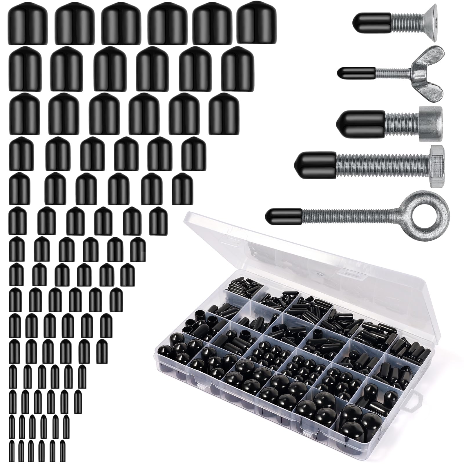 Realure 350Pcs/15Sizes Round Rubber End Caps 15/13/10/9/8/7/6.5/6/5/4/3.5/3/2.5/2/1.5 mm PVC Bolt Cover Screw Thread Protectors Caps for Screw Vinyl Tube Wire Ropes Metal Rods