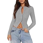 Pungdra Womens Ribbed Button Down Long Sleeve Top Knit Button Up Fitted Cardigans Cropped Cute Fall Going Out Tops for Women