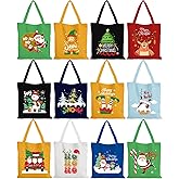 Paterr 12 Pcs Christmas Canvas Tote Bags for Women Xmas Tree Snowman Santa Elk Gift Bags Reusable Grocery Bag for Christmas Holiday Party Decoration and Gifts