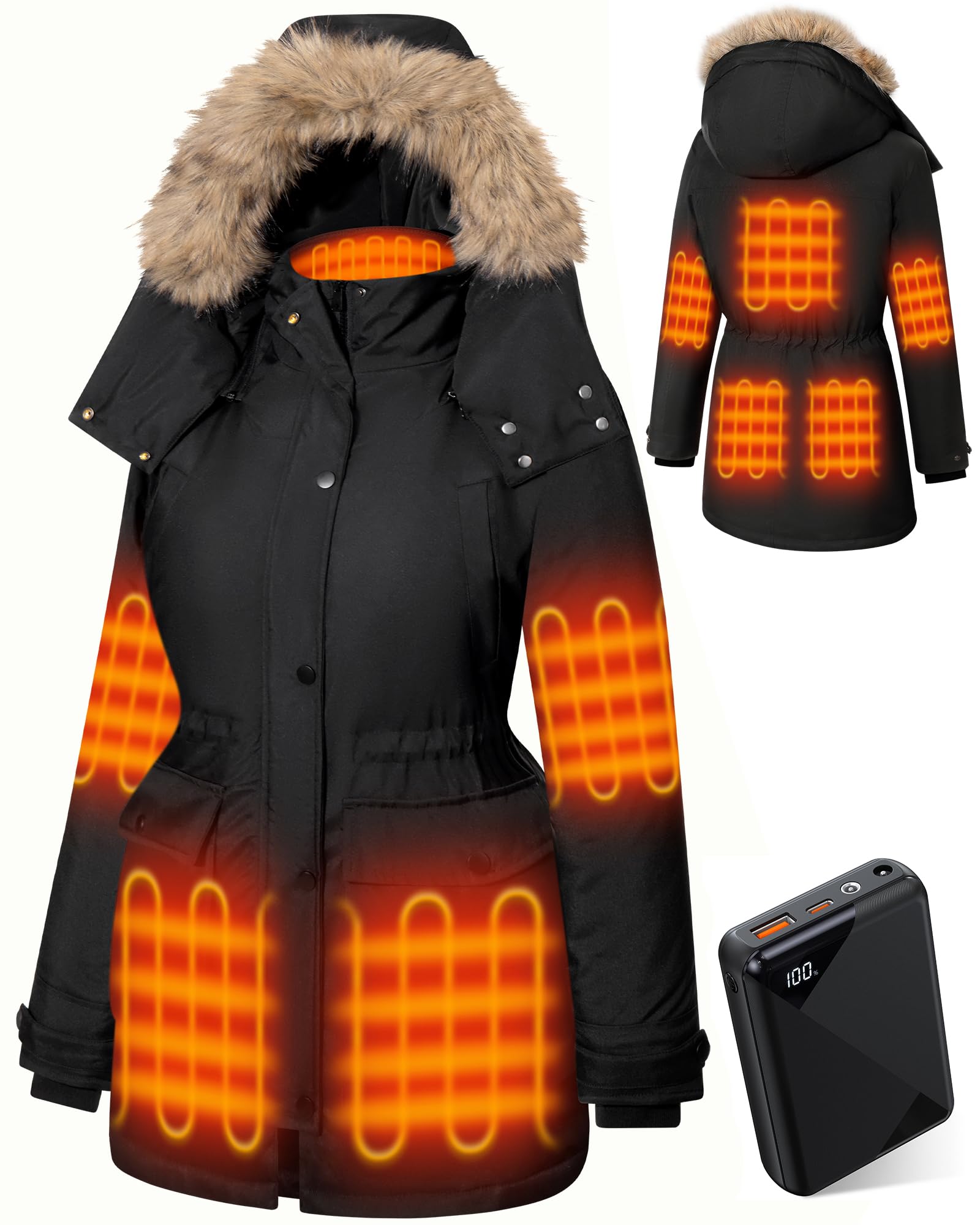 Photo 1 of Hecusma Heated Jackets for Women with 18400mAh 12V Battery Pack Included, Parka Womens Heated Jacket with Hood Skating-Black, L