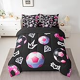 Feelyou Football Soccer 7 Piece Bedding Set Full Size Kids Black and Pink Soccer Comforter Set with Sheets for Boys Girls Teens Sports Games Bed in a Bag Soft