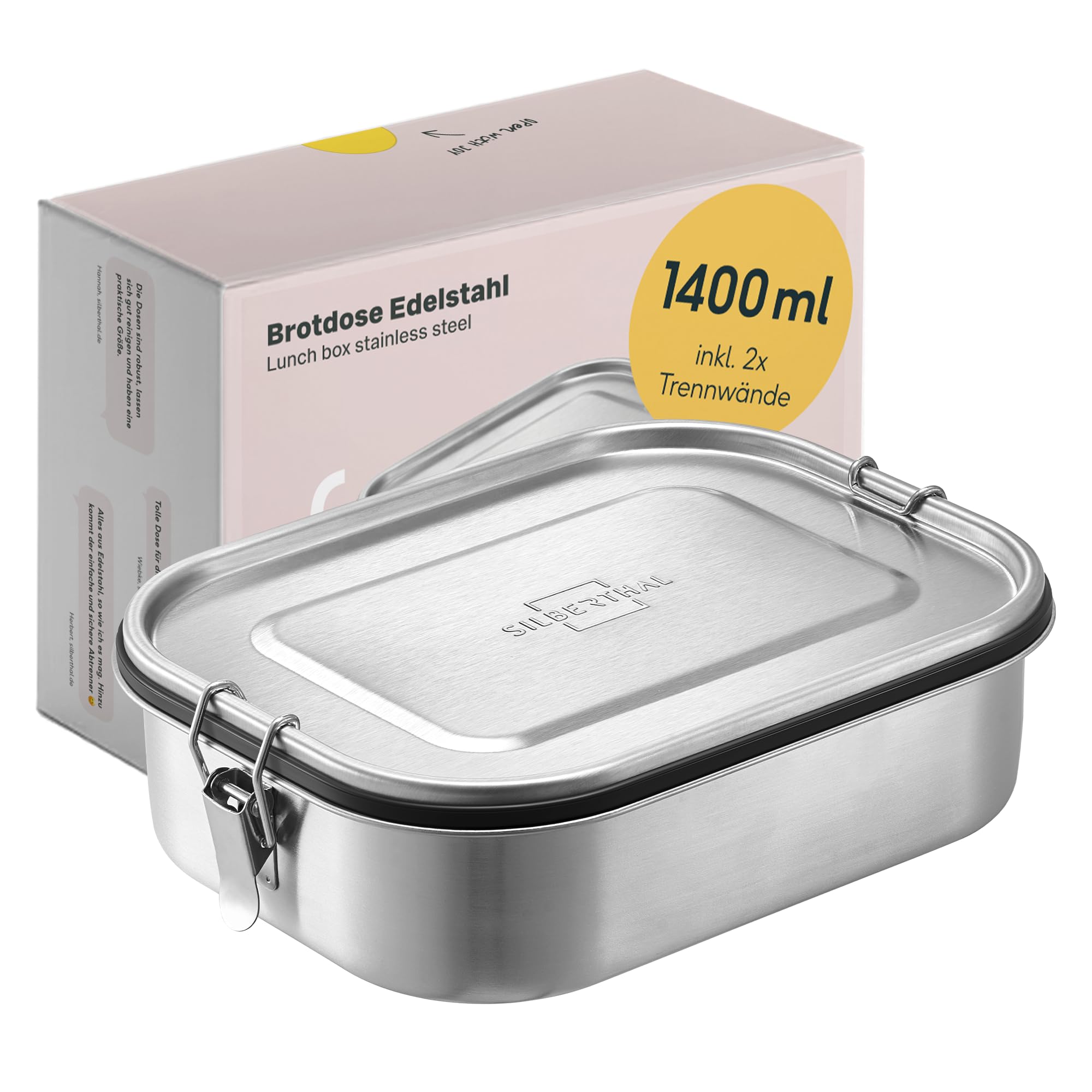 SILBERTHAL Stainless steel lunch box with compartments – Large lunch box 1400ml for adults – Leak-proof – with extra container for sauces and dips…