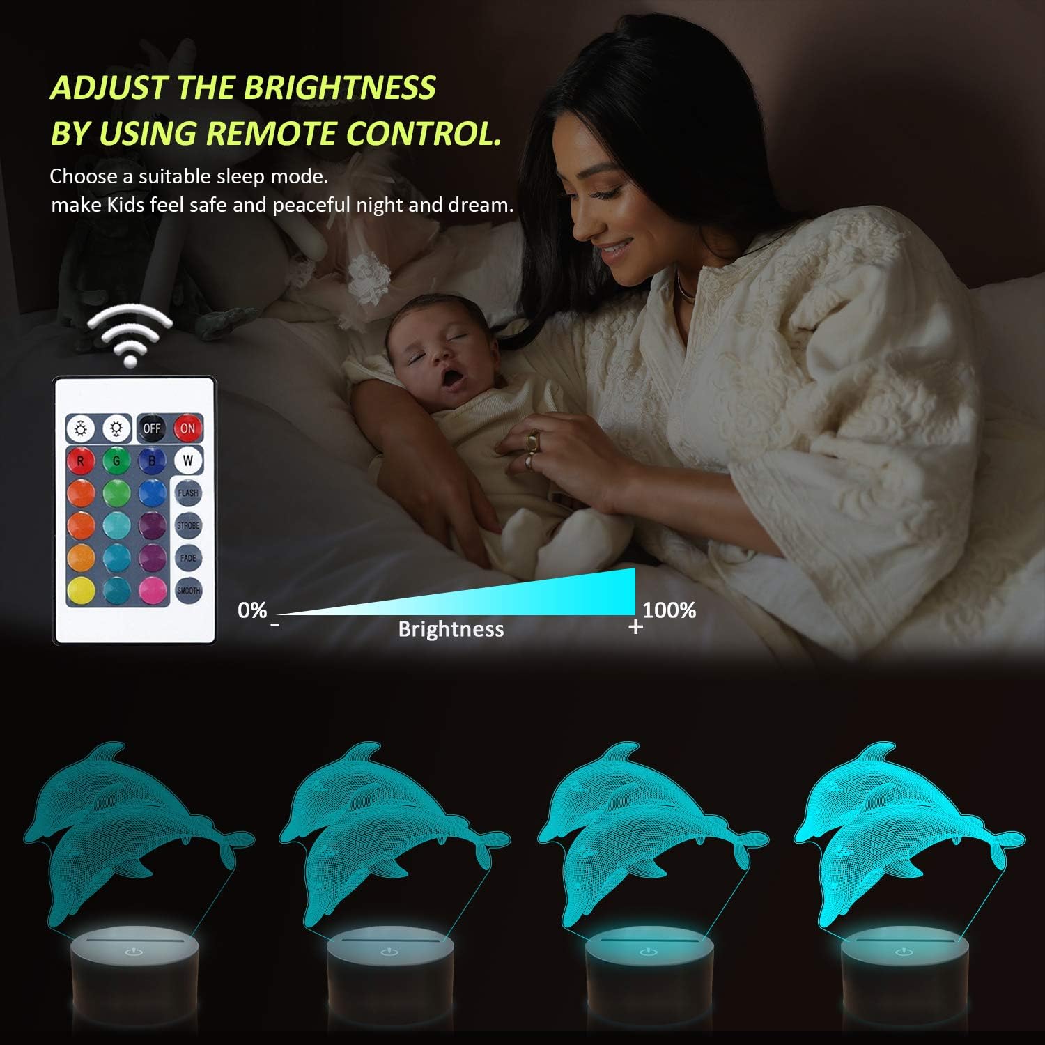 Coopark Dolphin Night light for Kid Ocean 3D Optical Illusion Porpoise Lamp ,16 Color Changing Remote Control Best Christmas Halloween Birthday Gift for Child Baby Boy - Image 5