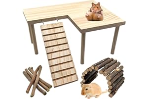 Niwaes Wooden Hamster Platform with Legs, Large Syrian Hamsters Climbing Platforms with Ramp Kit Wood Ladder Bridge Rat Playing Toy Standing Table Gerbil Cage Accessories