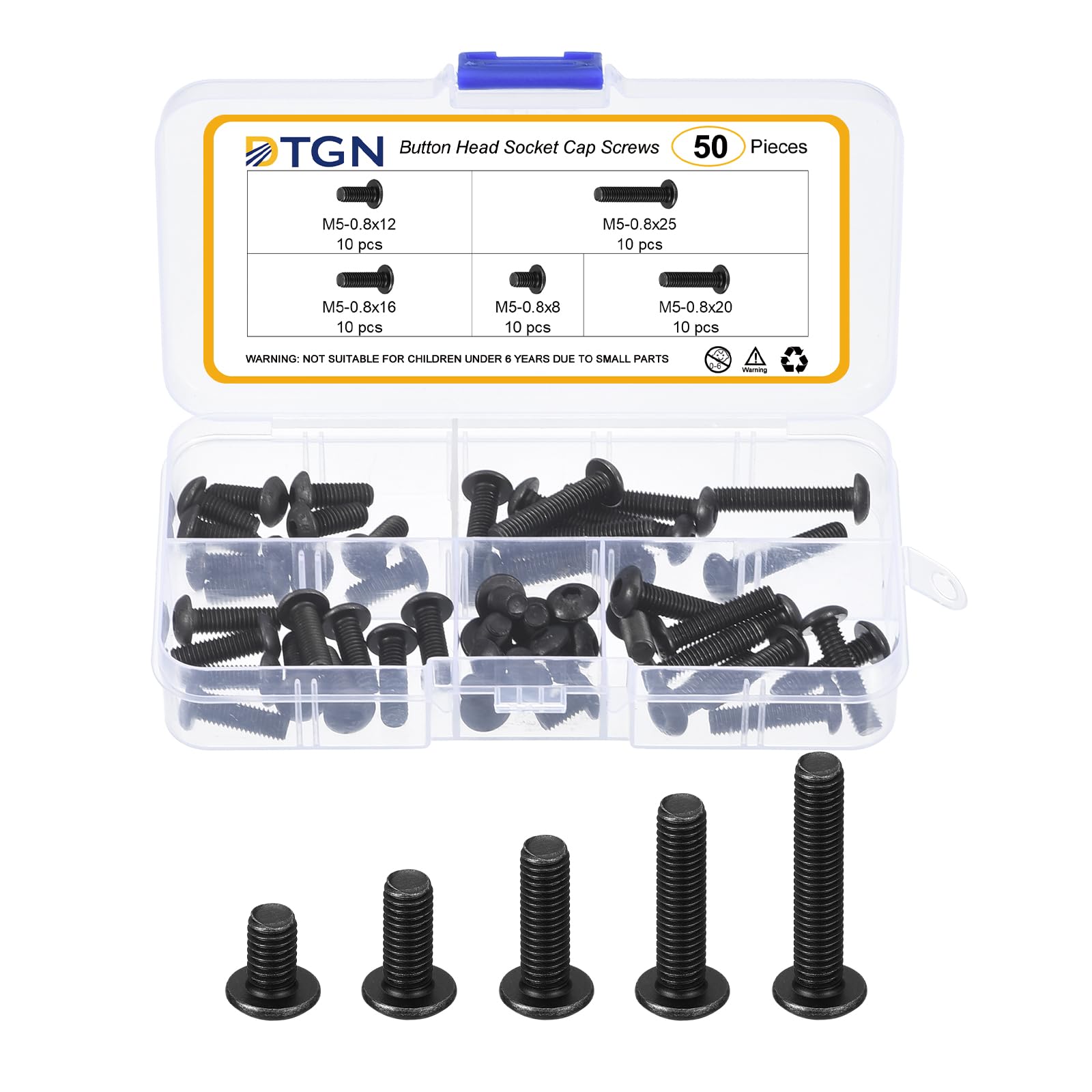 DTGN 50Pcs M5-0.8x8/12/16/20/25mm Button Head Socket Cap Screws - Carbon Steel Bolt Set Assortment Kit - Good for Road Bicycle, Mountain Bike, Auto