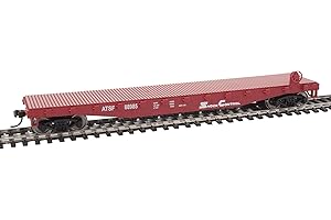 Walthers Trainline HO Scale Model Flatcar - Ready to Run - Atchison, Topeka & Santa Fe #88985 (Red, White)