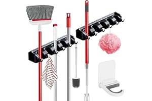 NUOTUV Broom Holder Wall Mount, 2 Packs Heavy Duty Cleaning Supplies Organizer, Garden Tool & Utility Closet with Hook, Mop & Broom Hook Wall Mounted for Bathroom, Garage, Kitchen, Laundry (Black-2pcs)
