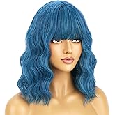 BERON Blue Wig Short Curly Wig for Women Mix Blue Wigs with Bangs Synthetic Dark Blue Wigs with Hairnet Include