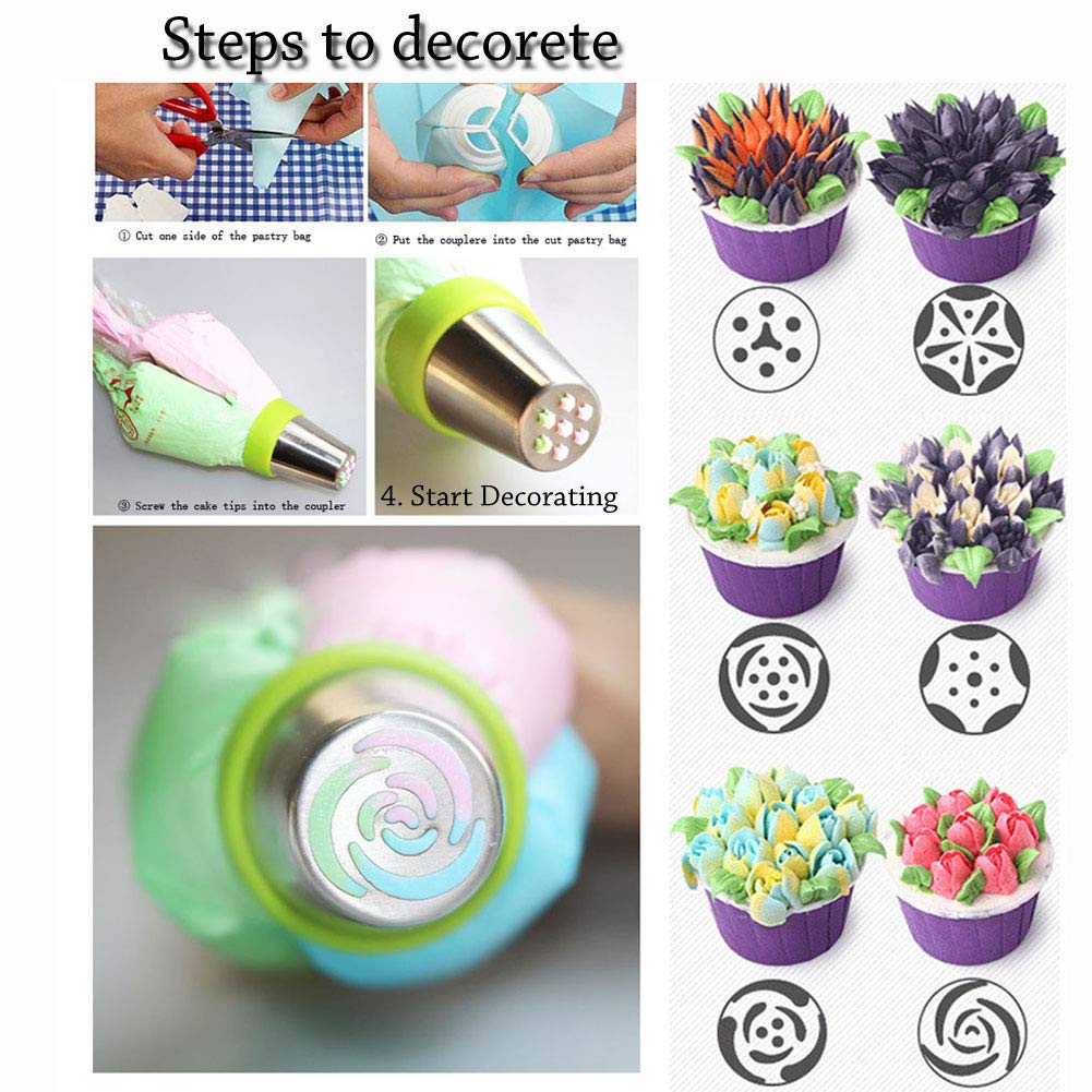 Russian Piping Tips Cake Decoration Baking Set 26 pcs-14 icing Nozzel (2 leaf Tips)+10 Baking Pastry Bags+2 Couplers Frosting Tips Set (26 pcs)
