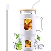 WINSA Glass Tumbler with Straw and Lid, 40 oz glass cup with handle, Glass Water Bottles with Time Marker, Silicone Protective Sleeve-White